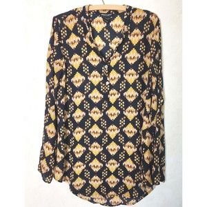 About A Girl Top Women's Sz L BOHO Diamond Semi Sheer Tab Sleeve Blouse READ